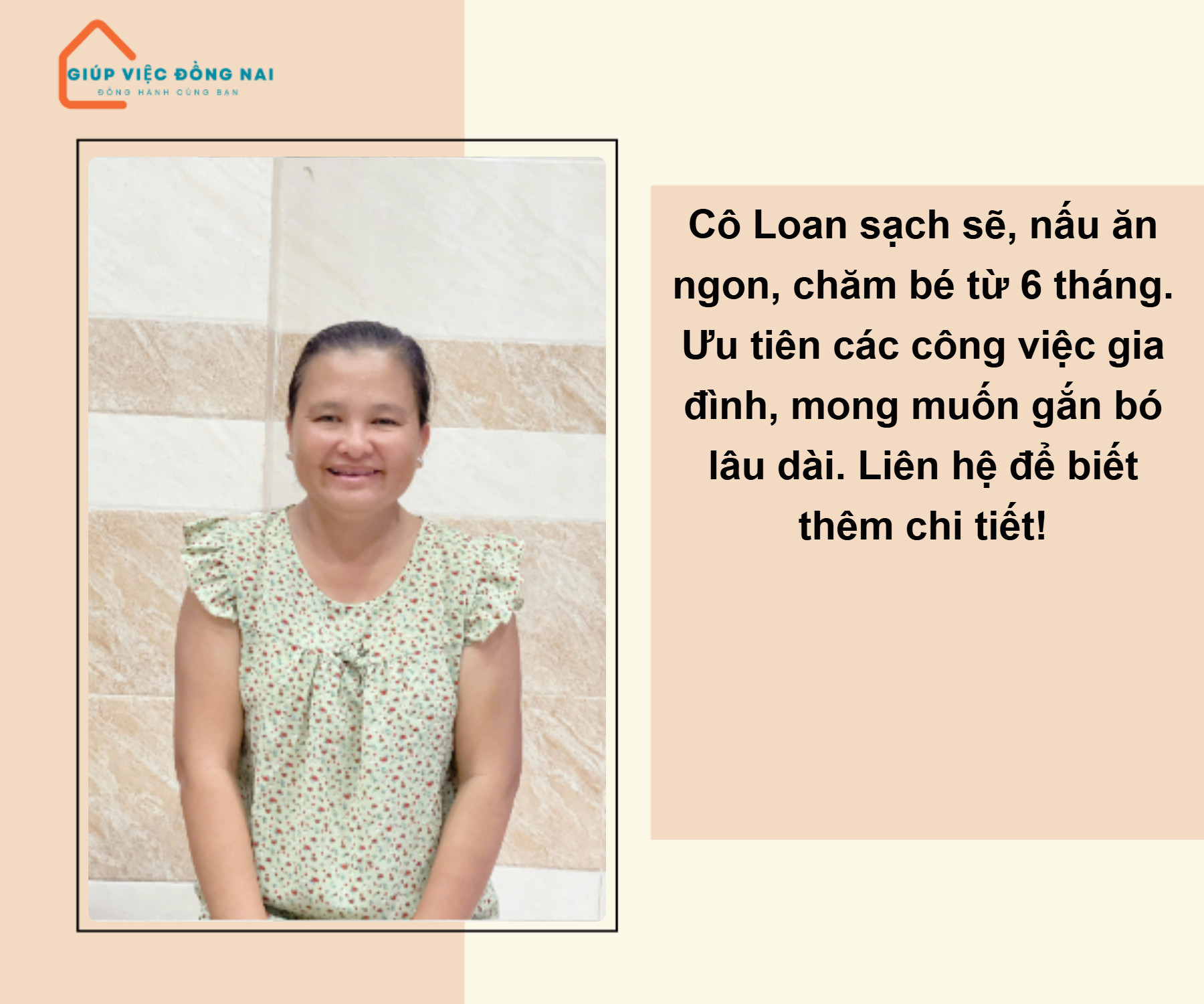 Chị PHẠM TUYẾT LOAN, sinh năm 1981, quê Tiền Giang cần tìm việc