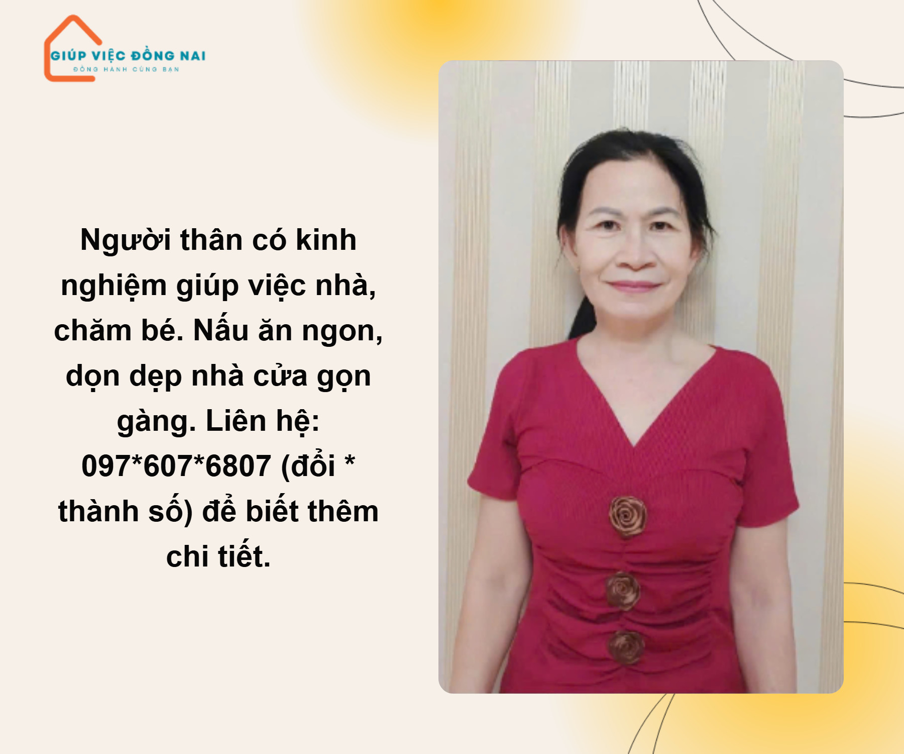 Chị HUỲNH THỊ NGỌC YẾN, sinh năm 1970, quê Đồng Nai cần tìm việc