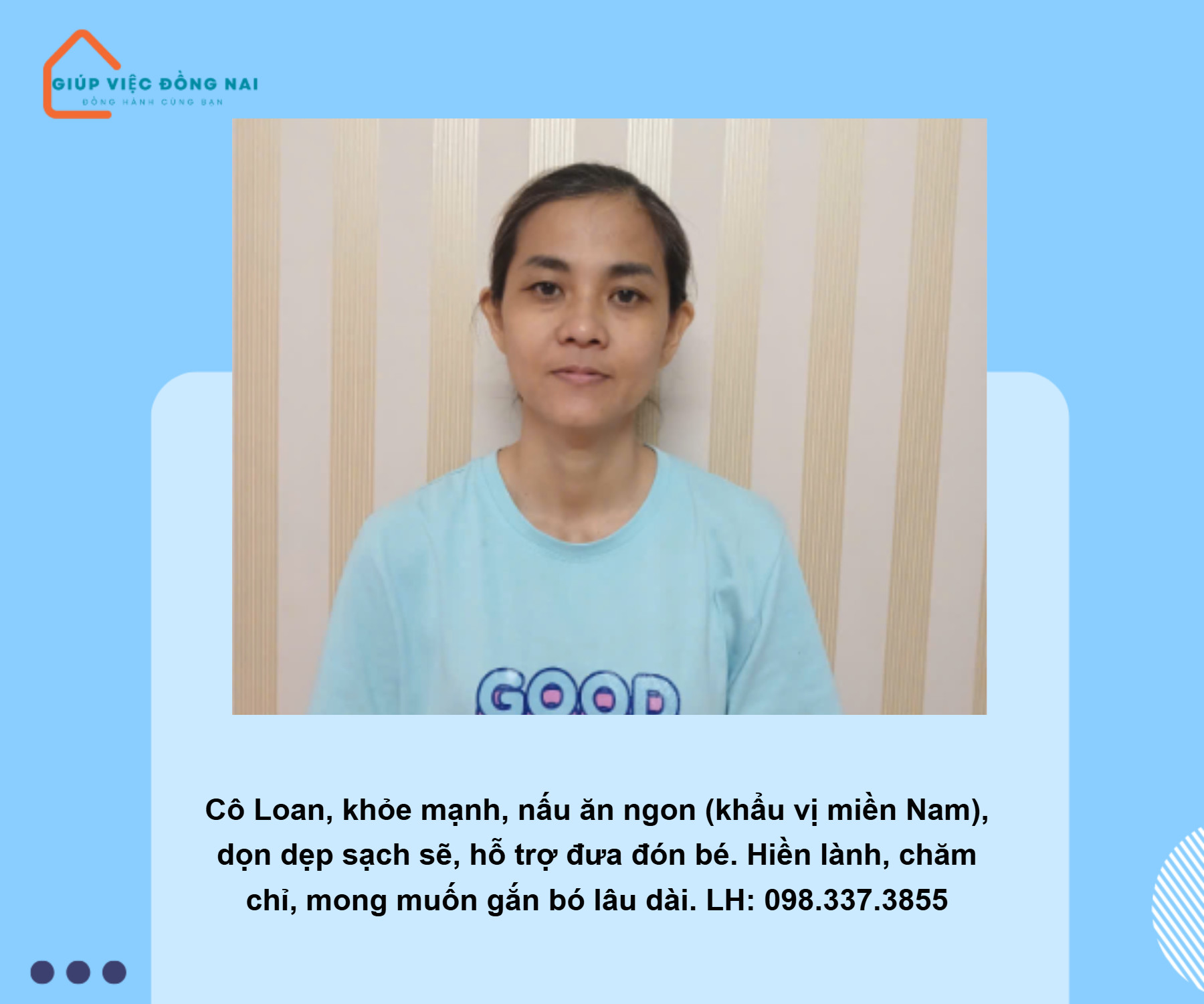 Chị PHÙNG HỒNG BÍCH LOAN, sinh năm 1980, quê Đồng Nai cần tìm việc
