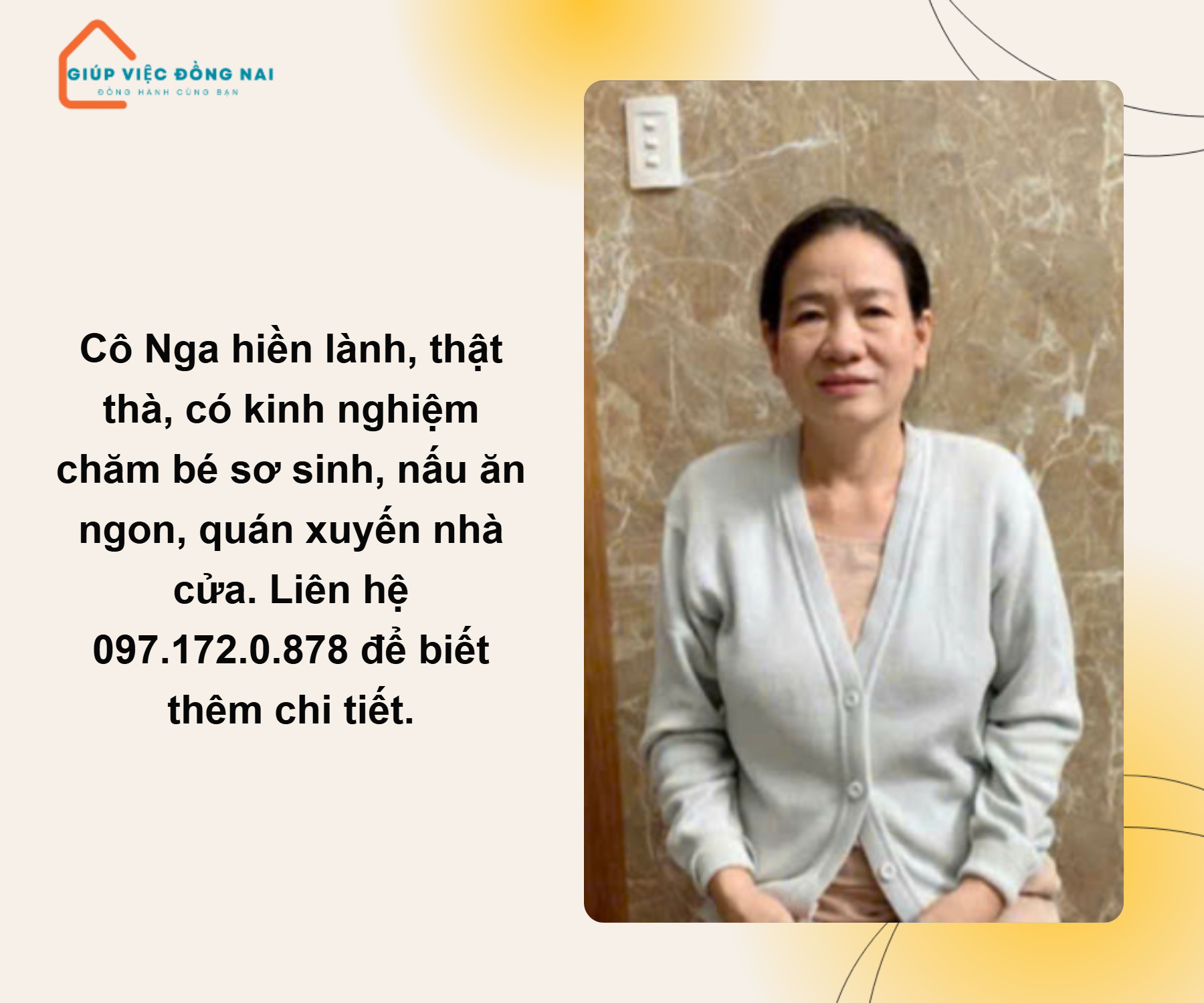 Chị NGÔ THỊ KIM NGA, sinh năm 1972, quê Hưng Yên cần tìm việc