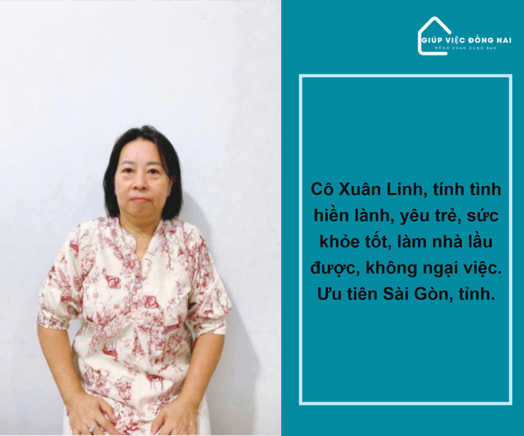 Chị NGUYỄN THỊ XUÂN LINH, sinh năm 1973, quê Tiền Giang cần tìm việc