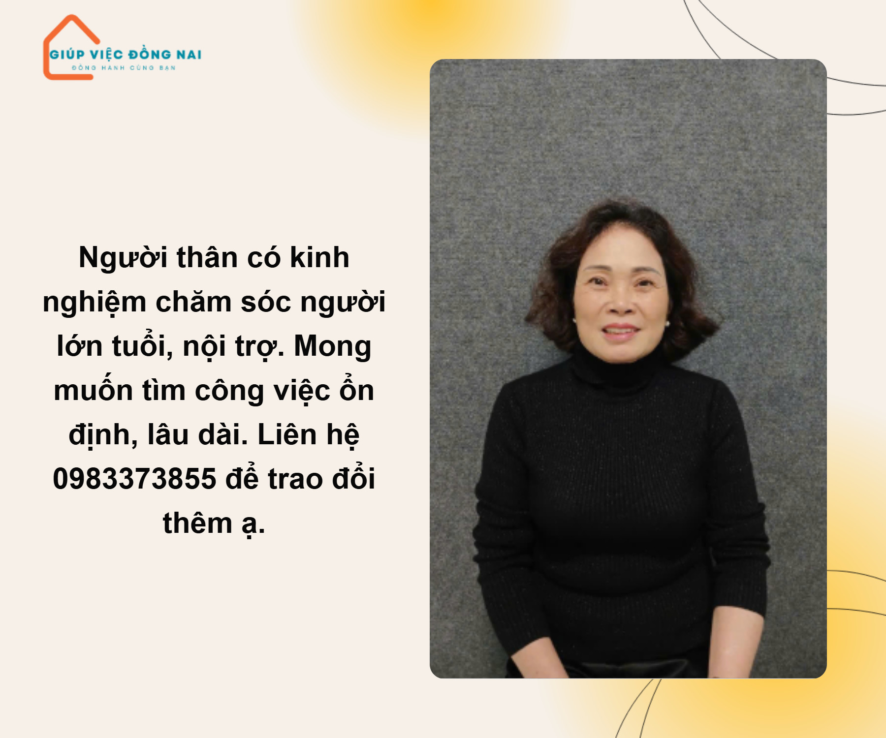 Chị NGUYỄN THỊ NHƯỢNG, sinh năm 1963, quê Bình Định cần tìm việc