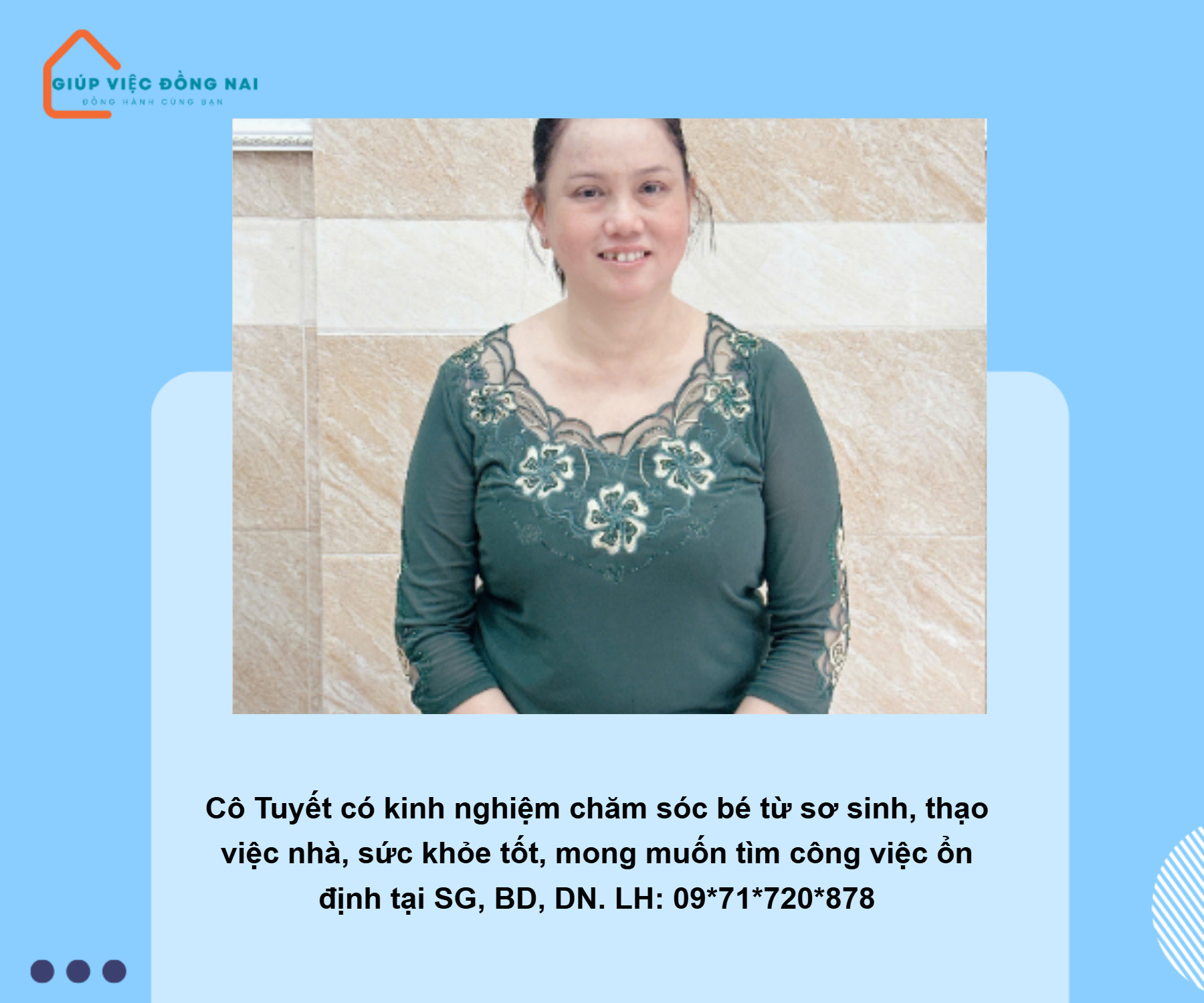 Chị LÊ NGỌC TUYẾT, sinh năm 1973, quê Cần Thơ cần tìm việc